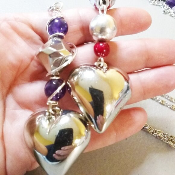 Chunky Heart Necklace ~ Amethyst Beads & Ornate Chain! Sexy Mom or Lovers Gift - Picture 8 of 10